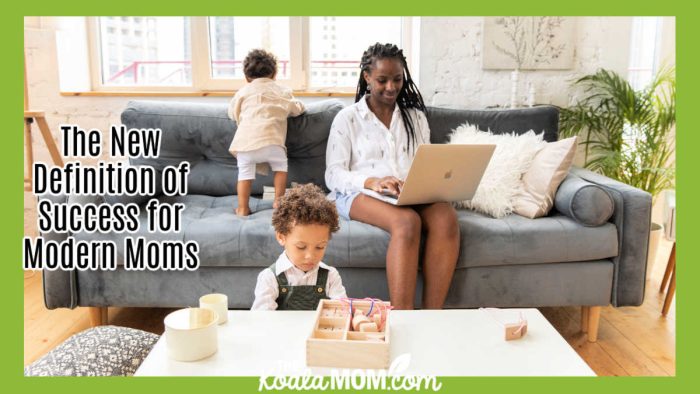 The New Definition of Success for Modern Moms. Photo of black mom working on a laptop while her two children play nearby by KATRIN BOLOVTSOVA via Pexels.