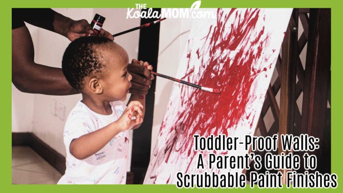 Toddler-Proof Walls: A Parent’s Guide to Scrubbable Paint Finishes. Photo of dad watching toddler son spread red paint over a canvas by kajanja brand via Pexels.