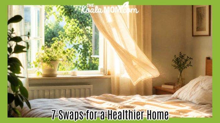 7 Swaps for a Healthier Home. Stock photo of hands placing glass container full of vegetables in the fridge. Stock photo of breeze coming in open bedroom window.