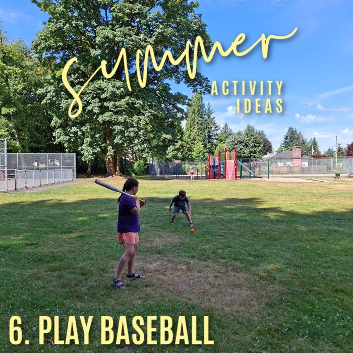 Summer activity ideas. 6. Play baseball. Photo of two kids playing baseball in a park by Bonnie Way.