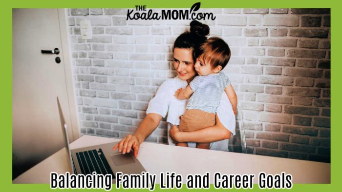 Balancing Family Life and Career Goals. Photo of mom holding a little baby while working at her laptop by Helena Lopes via Unsplash.