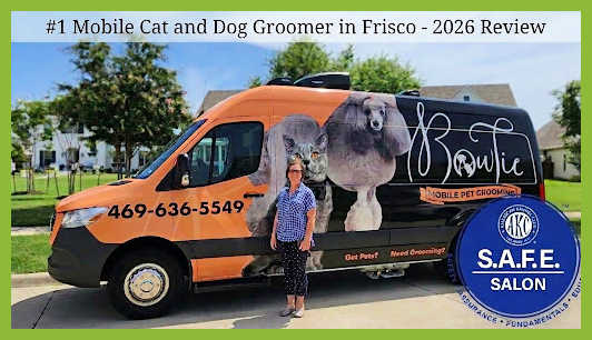 #1 Mobile Cat or Dog Grooming in Frisco - 2026 review. Photo of smiling person standing in front of orange-and-black dog grooming van that reads "Bow Tie."