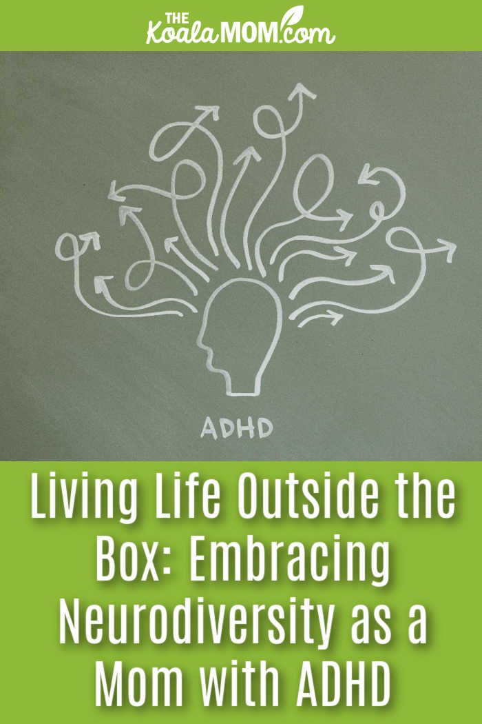 Living Life Outside the Box: Embracing Neurodiversity as a Mom with ADHD. Photo of chalk drawing of head with squirrelly lines coming out the top and "ADHD" written underneath by Tara Winstead via Pexels.