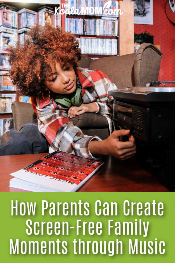 How Parents Can Create Screen-Free Family Moments through Music. Photo of brown-skinned girl with big, curly hair adjusting the volume knob on a stereo system by cottonbro studio via Pexels.