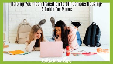 Helping Your Teen Transition to Off-Campus Housing: A Guide for Moms. Photo of brunette mom and blonde teen girl laying on floor near backpacks looking at a laptop together by www.kaboompics.com via Pexels.