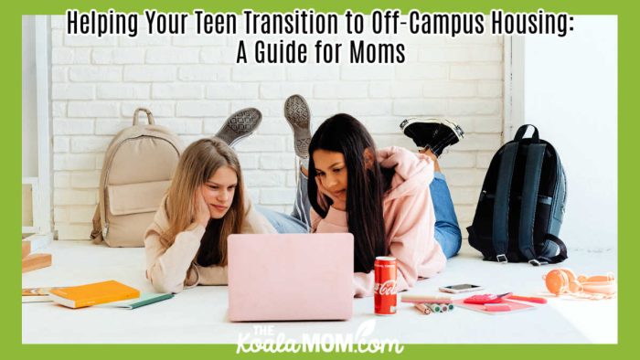 Helping Your Teen Transition to Off-Campus Housing: A Guide for Moms. Photo of brunette mom and blonde teen girl laying on floor near backpacks looking at a laptop together by www.kaboompics.com via Pexels.