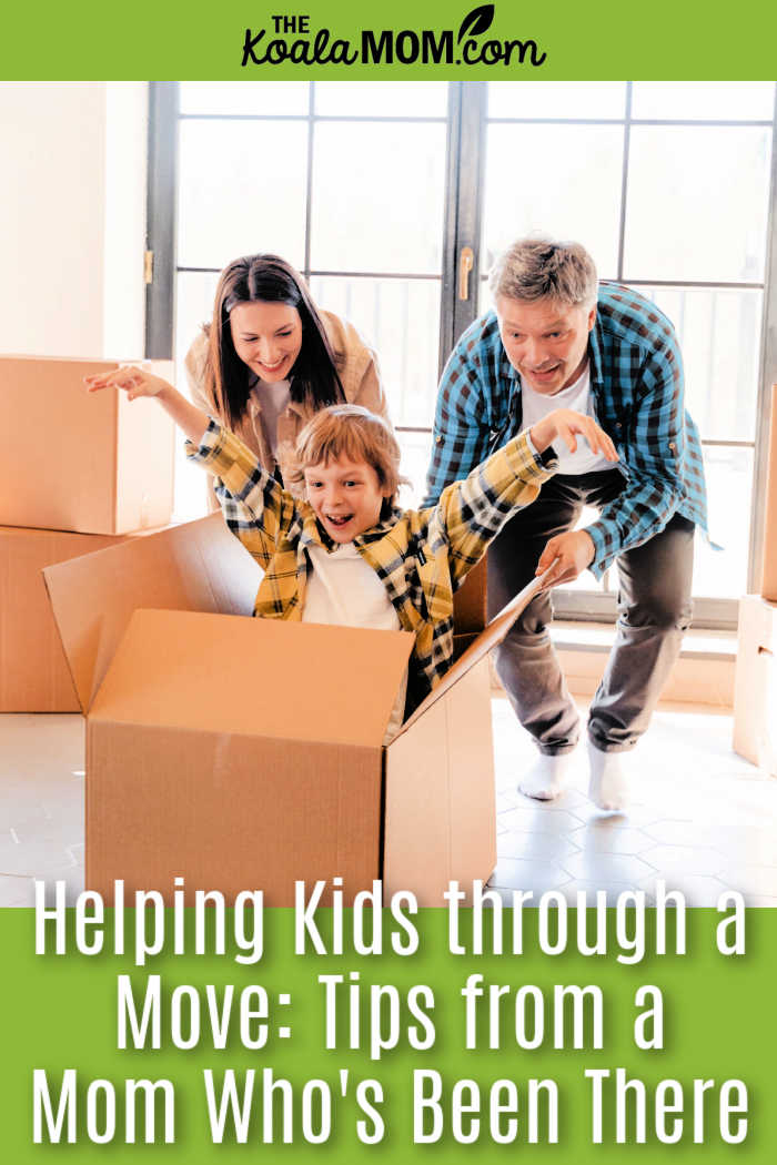 Helping Kids through a Move: Tips from a Mom Who's Been There. Photo of parents pushing a boy in a box by MART PRODUCTION via Pexels.
