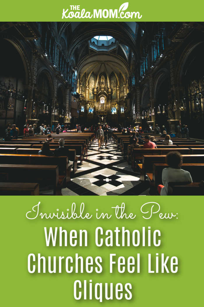 Invisible in the Pew: When Catholic Churches Feel Like Cliques. Photo of people walking around dim interior of Catholic Church by Jo Kassis via Pexels.