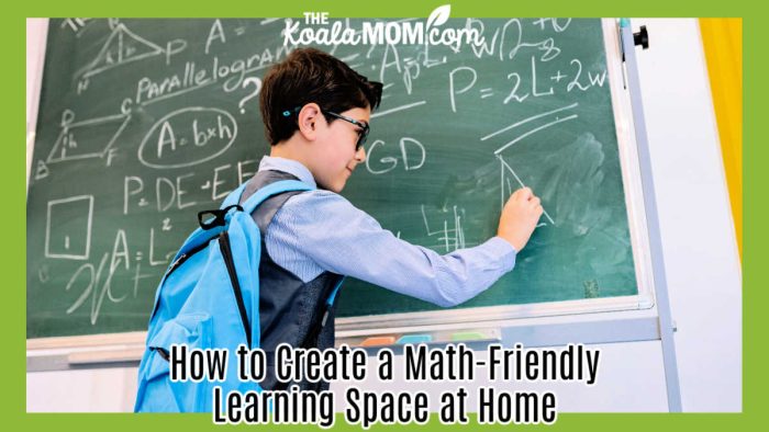 How to Create a Math-Friendly Learning Space at Home. Photo of a black-haired boy wearing a blue backpack while doing a math problem on a green chalkboard by Yan Krukau via Pexels.