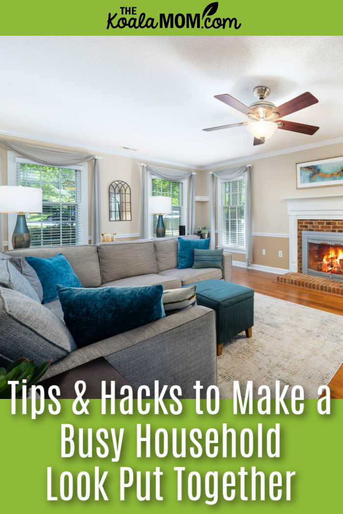 Tips and Hacks to Make a Busy Household Look Put Together. Photo of grey-and-teal sectional couch and fireplace in a bright living room by Curtis Adams via Pexels.