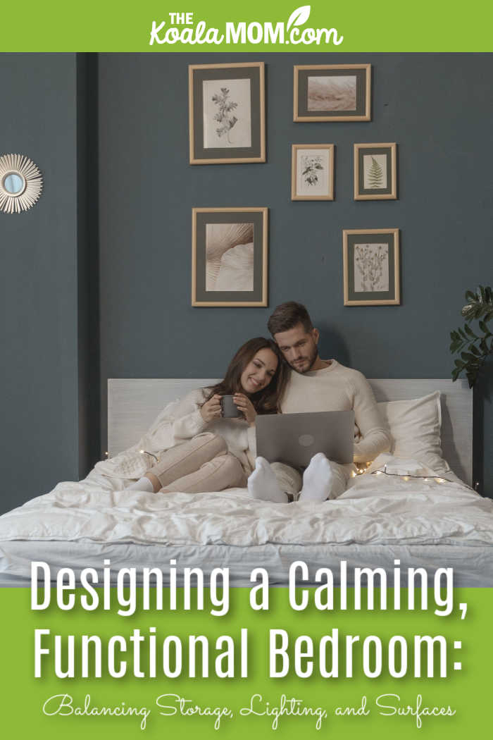 Designing a Calming, Functional Bedroom: Balancing Storage, Lighting, and Surfaces. Photo of couple cuddling together on a bed while she holds a tea cup and he holds a laptop via Tima Miroshnichenko via Pexels.